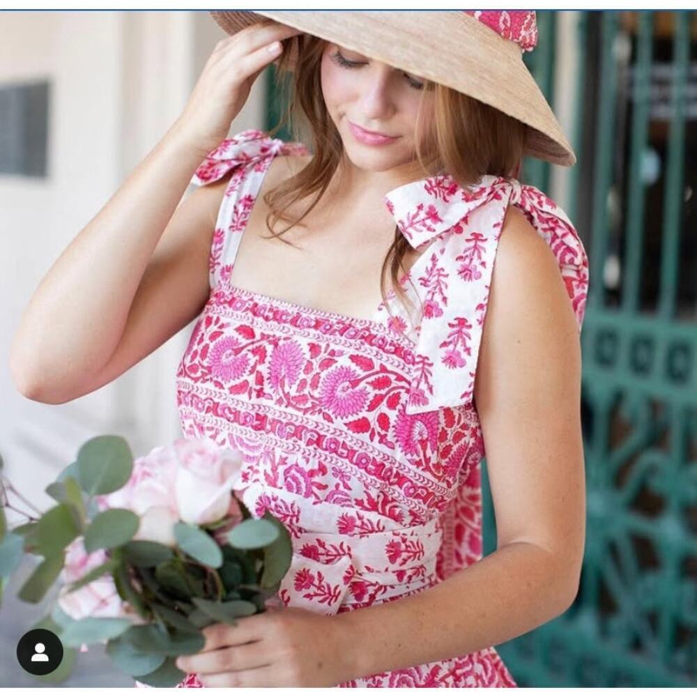 SUE SARTOR Block Print Floral Pink Red Tie Shoulder Waist Mini Swing Dress - Picture 2 of 11